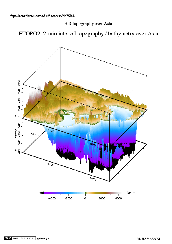 Elevation and ocean depth over E. Asia